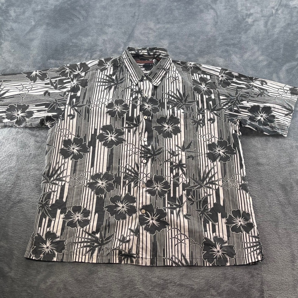 Tori Richard Honolulu Mens Large Cotton Lawn Floral Stripe Aloha Shirt Black